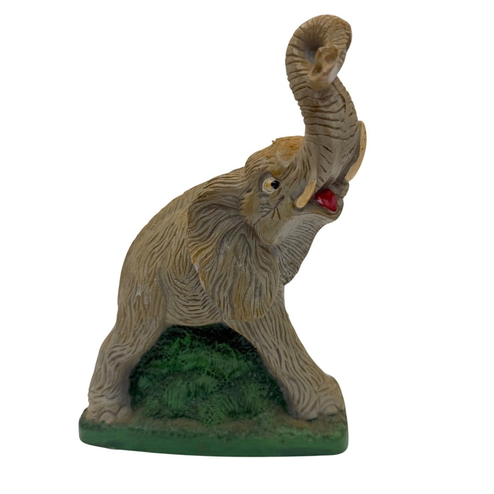 Vintage Elephant Figurine Resin Trunk Up Trumpet Statue Wildlife Decor Boho 7"
